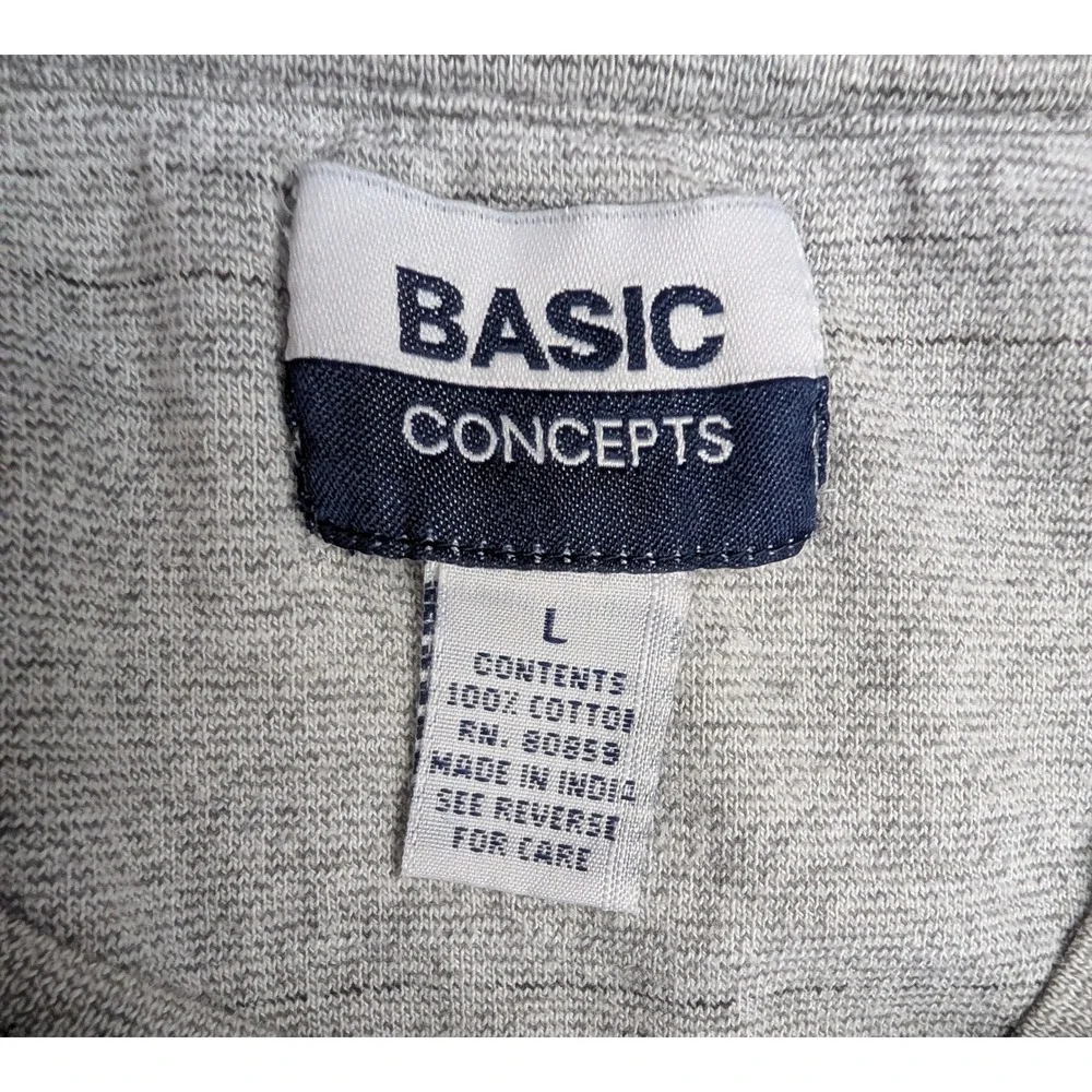 Basic Concepts Mens Large Gray Striped Short Sleeve Cotton T-Shirt Relaxed Fit